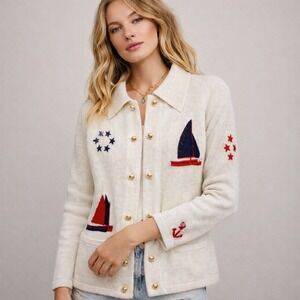 Vintage Embroidered Nautical Knit Cardigan Sweater‎ S